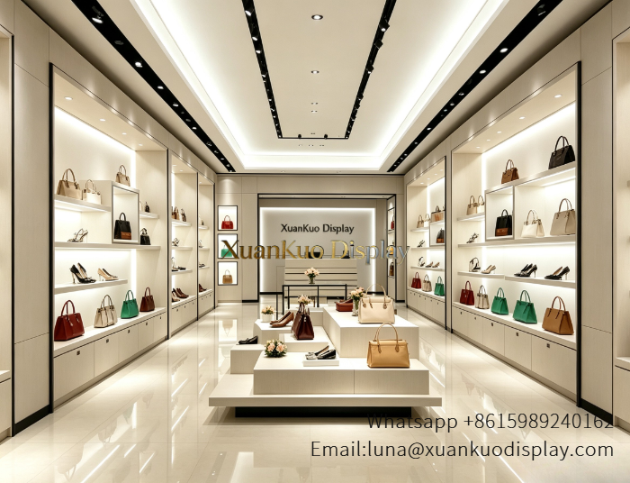 Bag Store Display Furniture Backlit Wall Showcase & Stepped Central Display Plinth For Luxury Handbag Boutique