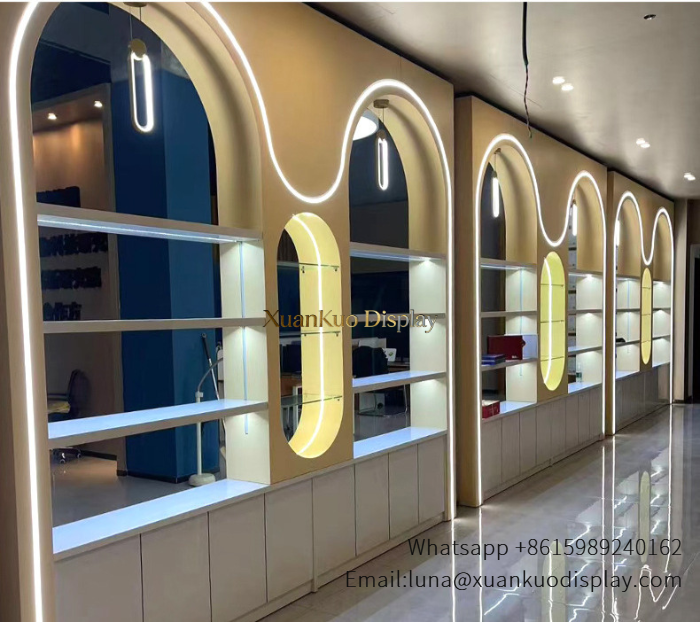 Display Racks Wavy Arched LED Glass Wall Shelf Fixture For Beauty Salon & Spa Shop