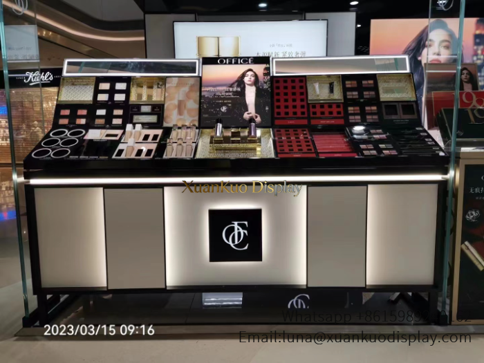 Makeup Shop Furniture LED Backlit Multi-Grid Makeup Tester Display Counter For Brand Mall Cosmetic Kiosk