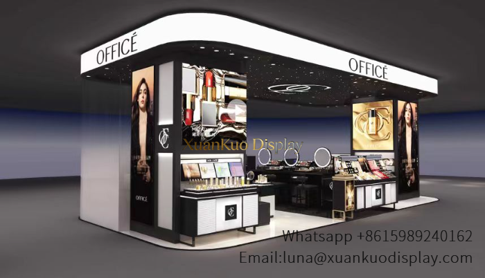 black beige two tone makeup table mall cosmetic kiosk backlit brand logo led tester display counter set