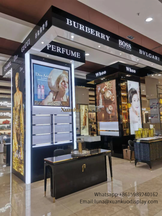 Custom Cosmetic Showcase Black Gold LED Perfume Pillar Fixture For Multi-Brand Mall Kiosk
