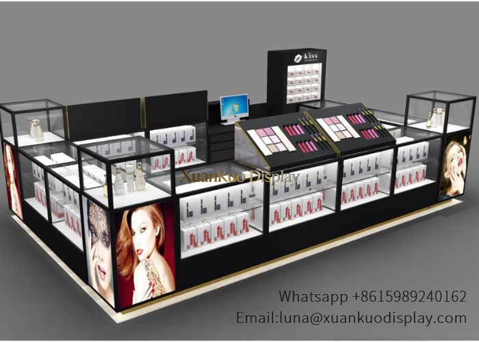 Custom Fragrance Kiosk Black Gold Glass Display Fixture For Mall Cosmetic Retail Booth