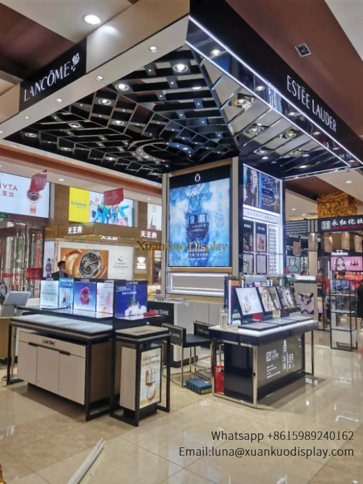 glass jewellery display cabinets black gold led cosmetic perfume showcase pillar multi brand booth