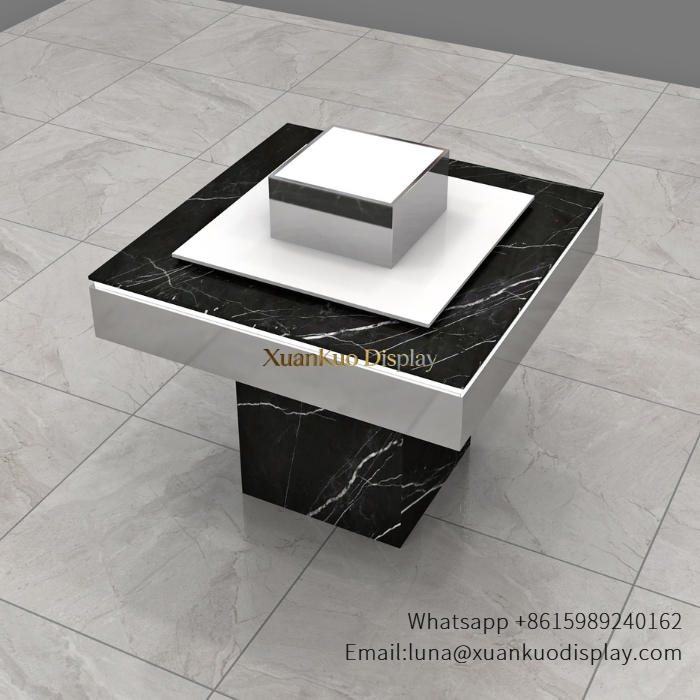 Perfume Showcase Counter Black Marble Square Stainless Steel Edge Tiered LED Demo Stand For Luxury Fragrance Boutique black marble stainless steel perfume showcase counter square tiered led light pedestal for luxury fragrance boutique