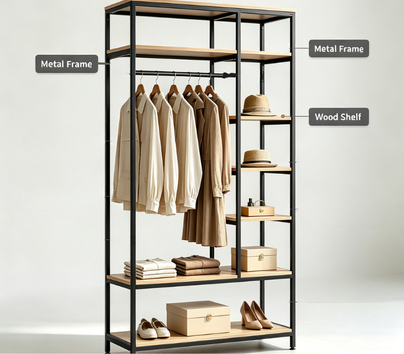 black metal frame wood shelf clothing display rack open hanging garment unit for retail boutique