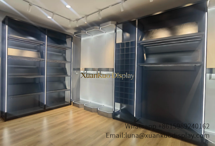 black metal led edge clothing display cabinet modular partition padded shelves fashion boutique
