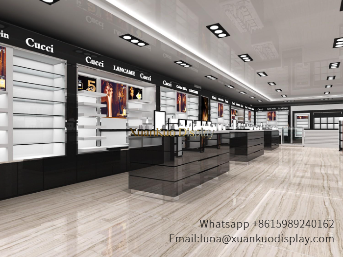 jewellery shop interior design Vietnam black white gloss custom skincare display multi brand wall shelves central island cosmetic boutique