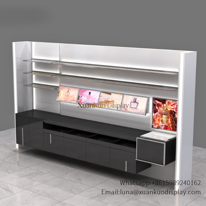 Skincare Display Cabinet LED Backlit Wall Showcase With Acrylic Shelves For Skincare & Perfume Retail Boutique