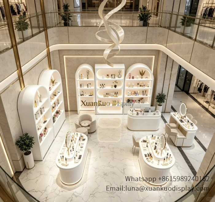 Boutique Furniture White Arched LED Display Wall & Curved Counter For Luxury Skincare Spa Boutique boutique furniture arched led skincare wall shelf