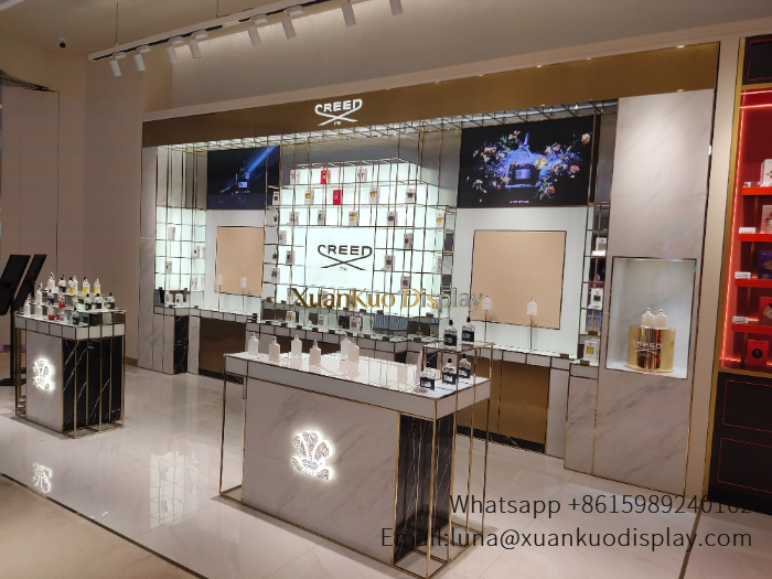 Perfume Wall Display Marble Gold Grid Wall Showcase Fixture For Luxury Brand Fragrance Mall Kiosk brand luxury perfume wall display furniture set