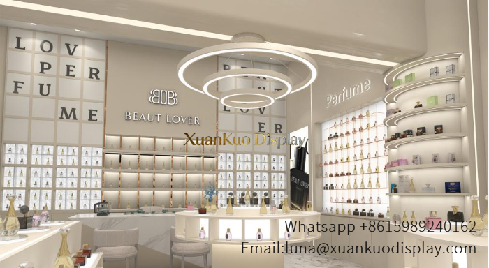 Perfume Shop Furniture | Cream White Curved LED Full Display Fixture Set For Luxury Fragrance Retail Boutique brand perfume boutique perfume shop furniture project