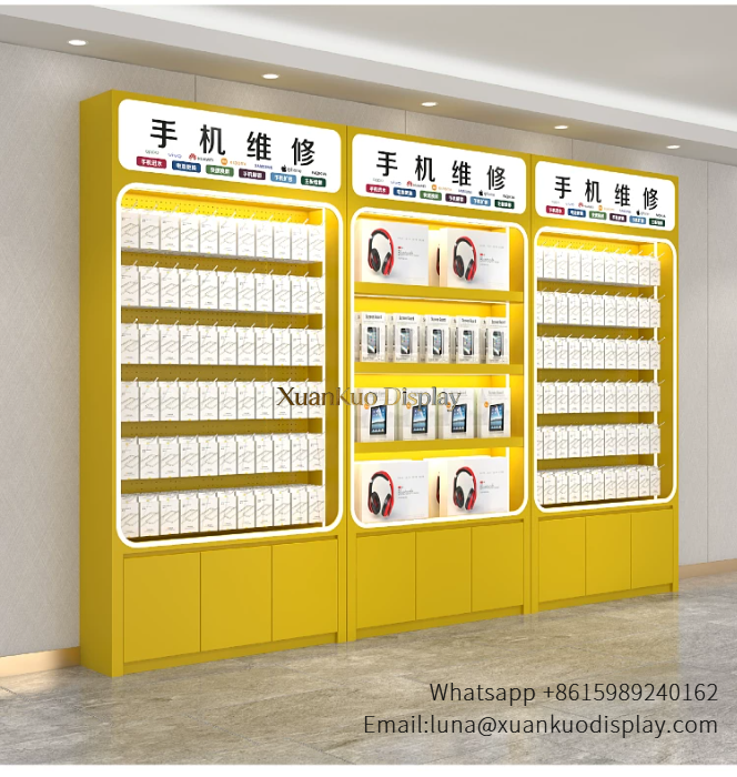 Phone Accessories Display Rack Yellow LED Backlit Slatwall Wall Cabinet For Mobile Repair Shop