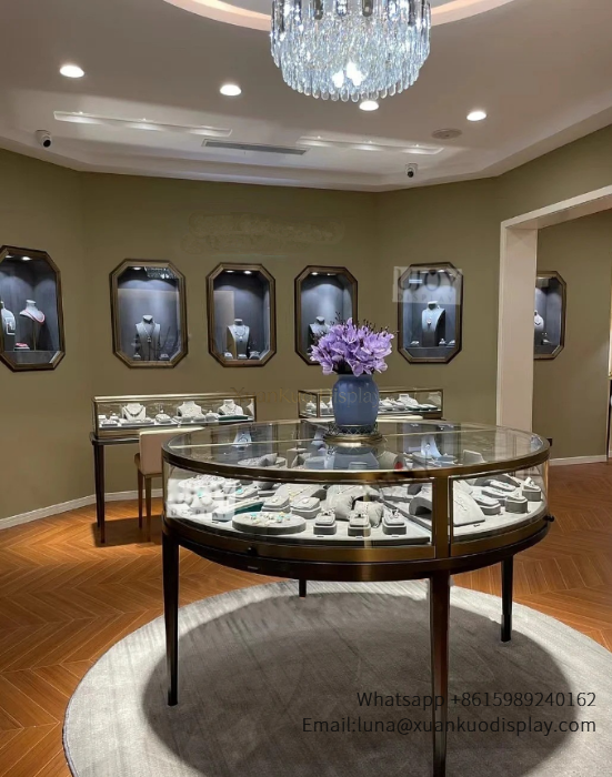 glass jewellery display cabinets circular glass jewelry showcase round gold frame display table for boutique centre