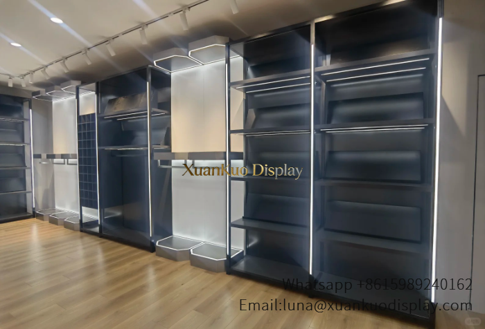 Clothing Display Cabinet Black Metal LED Modular Wall Showcase For Luxury Fashion Apparel Boutique