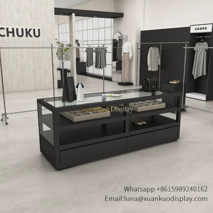 clothing island display curved wood apparel display counter