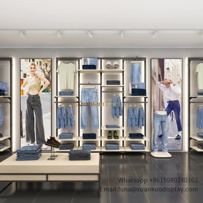 Clothing Shop Furniture Modular Slatwall Display System For Denim & Casual Apparel Retail Boutique clothing shop furniture slatwall denim display wall rack