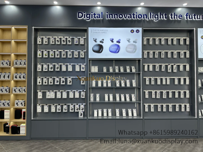 jewellery shop interior design Vietnam complete phone accessories store fit out wall slatwall display rack electronics retail shop