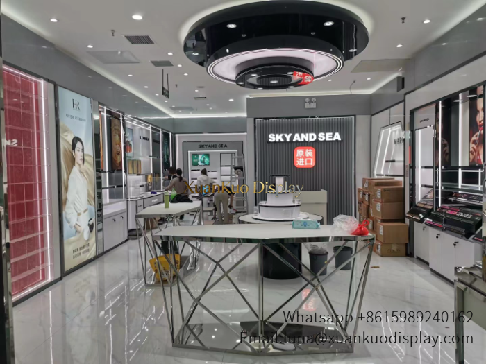 Cosmetic Shop Furniture LED Silver Metal Full Wall & Floor Display Fixture Set For Skincare Beauty Retail Boutique cosmetic boutique full set cosmetic shop furniture
