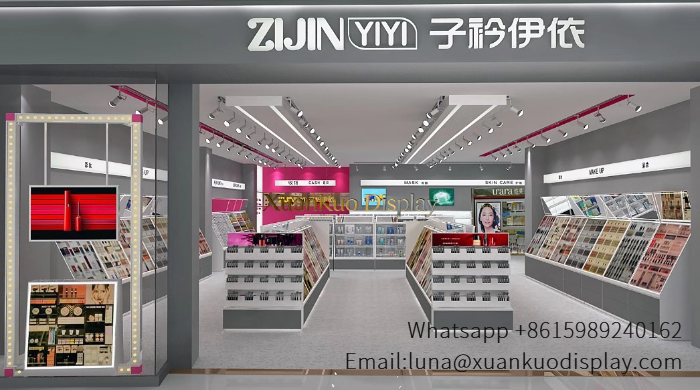 Cosmetic Shop Design White Grey LED Full Makeup Display Fixture For Multi-Zone Beauty Retail Boutique cosmetic shop design makeup display fixture set