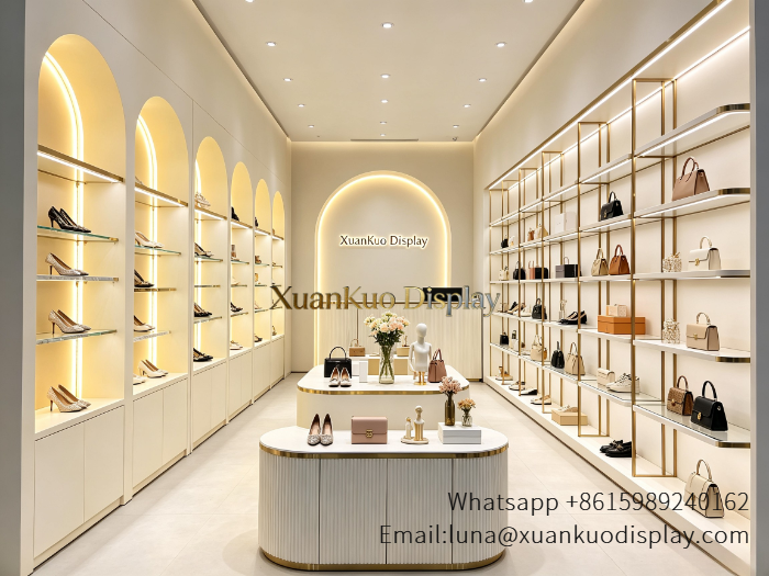 cream arched backlit shoe shop furniture titanium gold frame shelves fluted curved central island