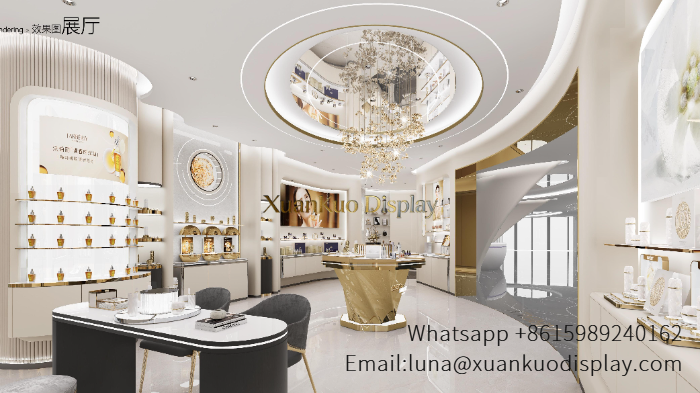 Perfume Store Design Cream Gold Luxury Full Set Display Furniture With Golden Central Island For Premium Fragrance Boutique