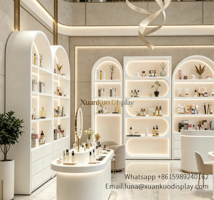 Boutique Furniture White Arched LED Display Wall & Curved Counter For Luxury Skincare Spa Boutique