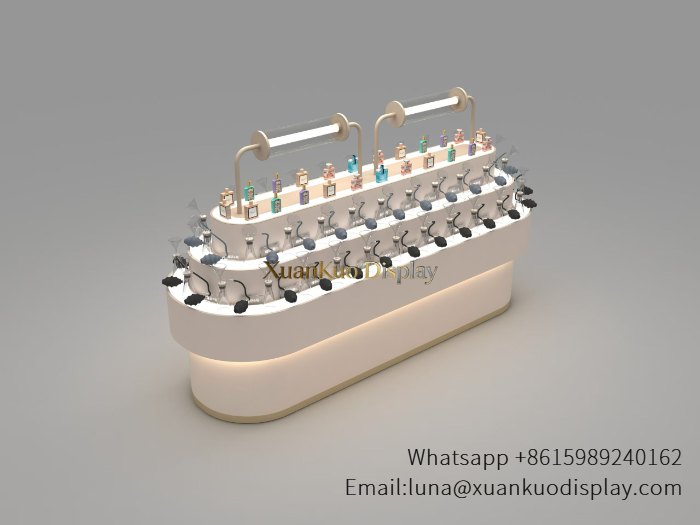 jewellery shop interior design Vietnam cream white curved perfume testing display counter multi layer tester island with top tube led light for fragrance boutique
