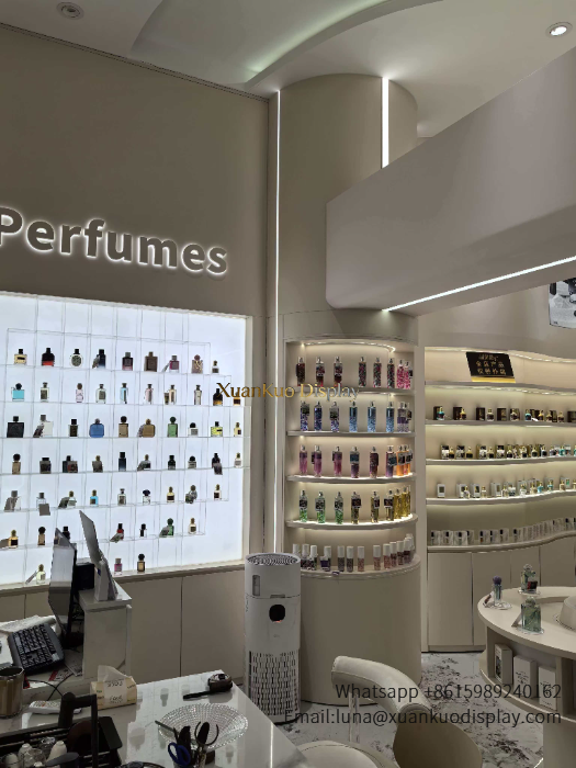 Perfume Bottle Display Stand LED Backlit Grid Wall & Curved Shelf Fixture For Luxury Fragrance Retail Boutique