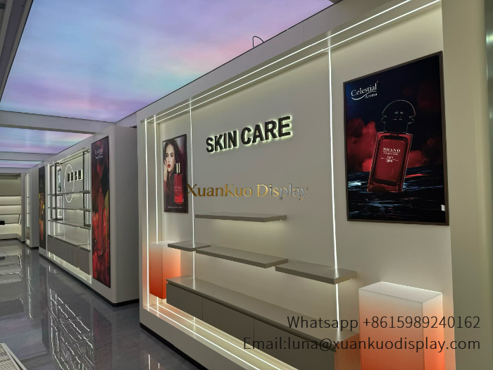 Skincare Shop Furniture Cream White LED Backlit Wall Display Shelves With Gradient Light Pillar For Cosmetic Boutique