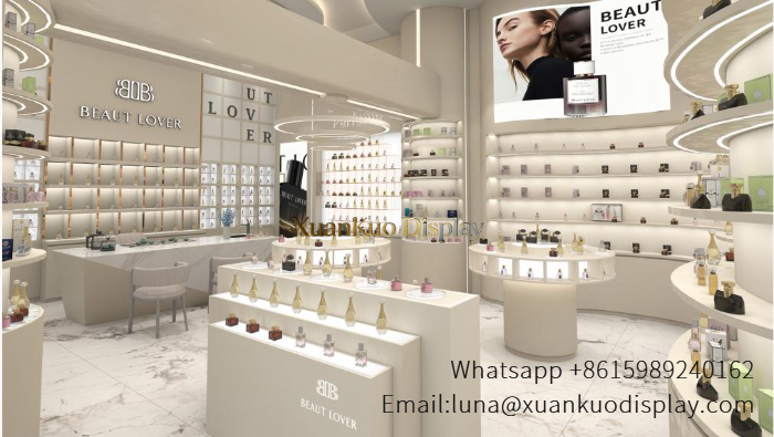 Perfume Shop Furniture | Cream White Curved LED Full Display Fixture Set For Luxury Fragrance Retail Boutique
