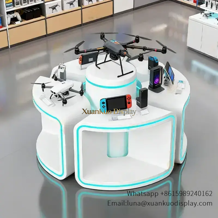 curved white led electronics display counter drone game console central showcase tech store