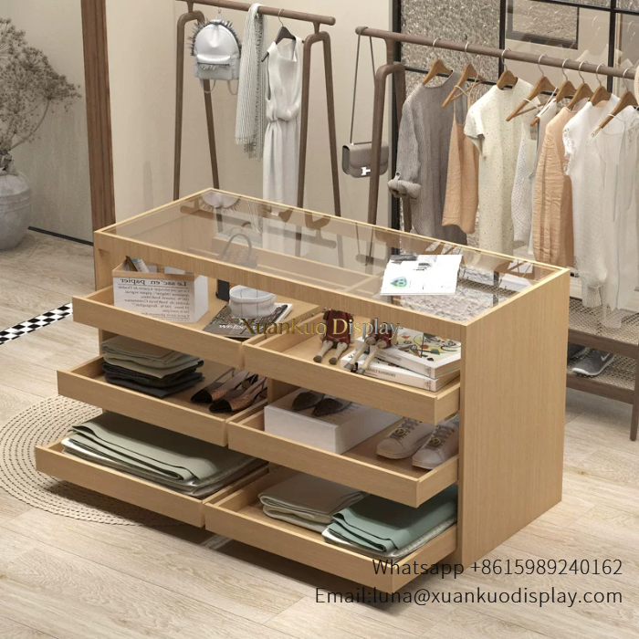 Custom Clothing Display White Multi-Drawer Glass Top Display Island For Women Fashion Apparel Boutique custom clothing display white drawer display island