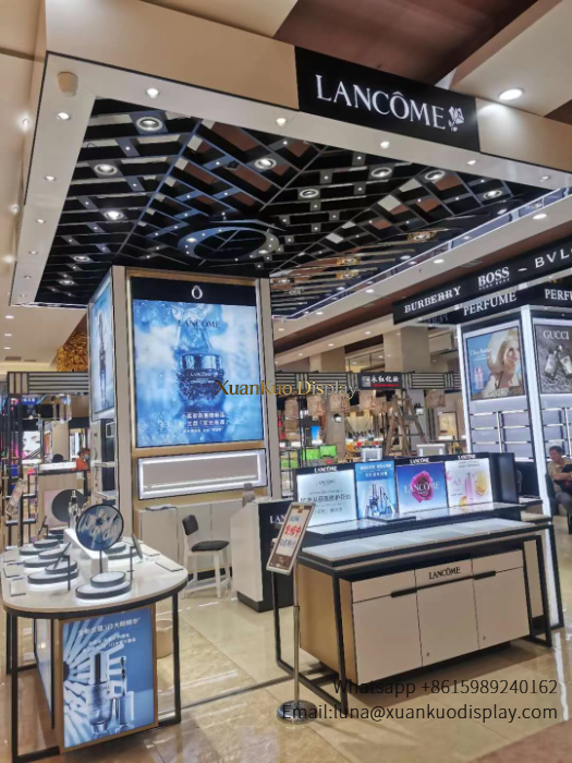 Custom Cosmetic Showcase Black Gold LED Perfume Pillar Fixture For Multi-Brand Mall Kiosk custom cosmetic showcase perfume mall kiosk