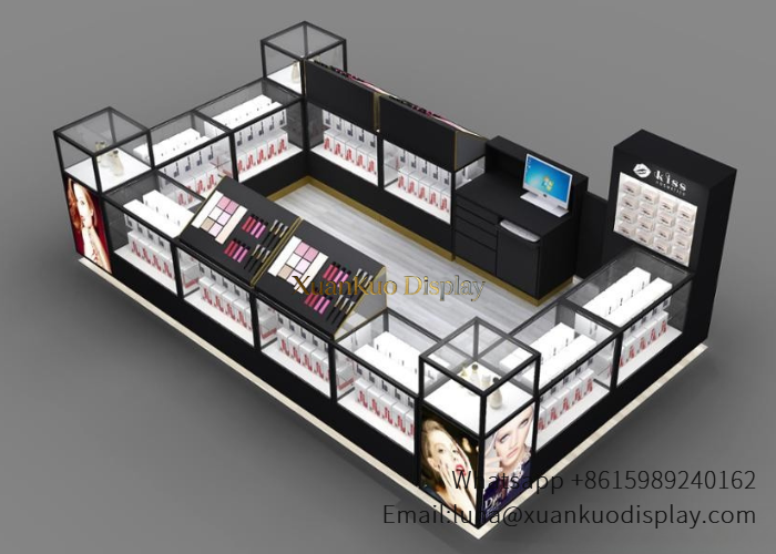 Custom Fragrance Kiosk Black Gold Glass Display Fixture For Mall Cosmetic Retail Booth custom fragrance kiosk mall perfume booth fixture