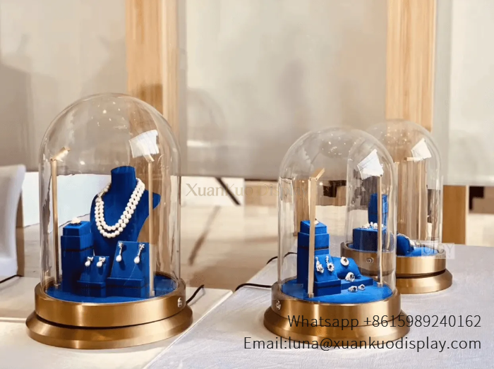 custom jewelry pedestal glass dome display case brushed gold base blue velvet with led spotlight