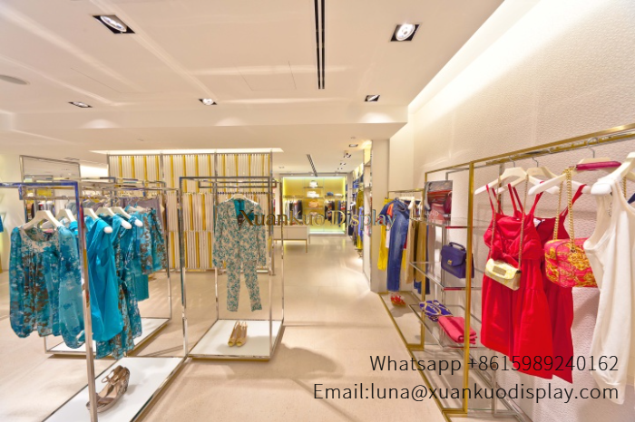 custom luxury clothing display furniture stainless steel garment rack gold handbag wall cabinet mannequin plinth