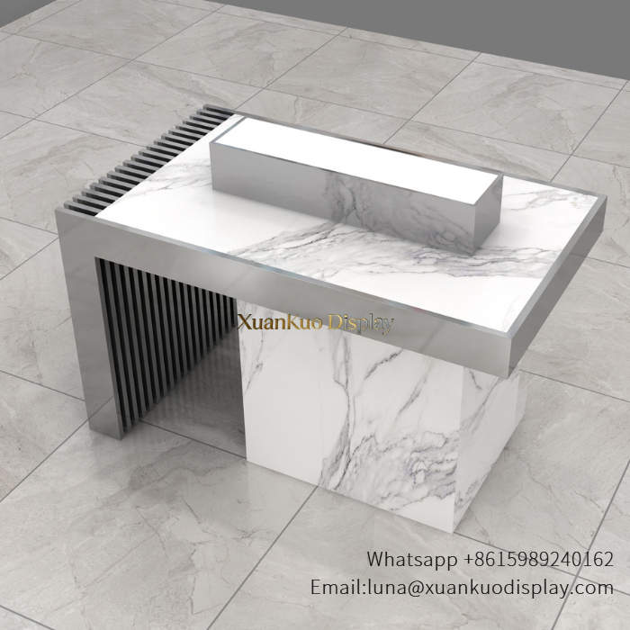 Custom Perfume Showcase Luxury White Marble Stainless Steel Frame Fragrance Demo Display Counter For Boutique
