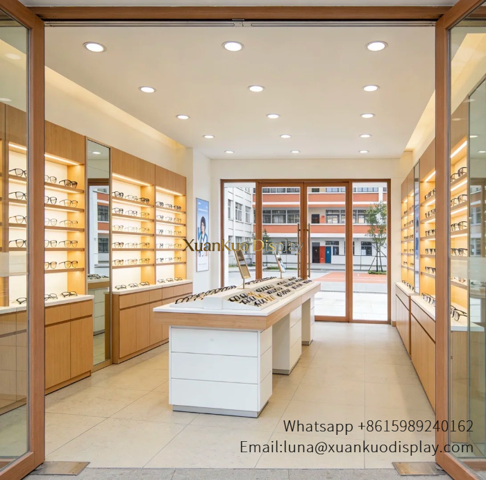 Custom Optical Display Furniture Light Wood Backlit Eyewear Wall & Drawer Trial Counter For Optical Shop custom optical display furniture wood trial counter