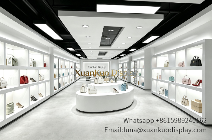 Custom Shoe Display Furniture For Footwear & Handbag Boutique custom shoe display furniture white cubby wall showcase