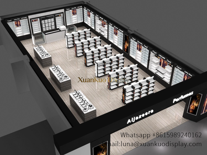 Custom Skincare Display Gloss Black White Wall & Central Island Fixture For Cosmetic Retail Boutique custom skincare display wall island cosmetic retail fixture