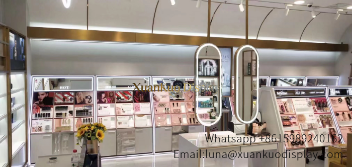 Customized Display Furniture White Gold Trim Wall Showcase With Mirrors For Skincare Retail Boutique customized display furniture gold skincare wall shelf (2)