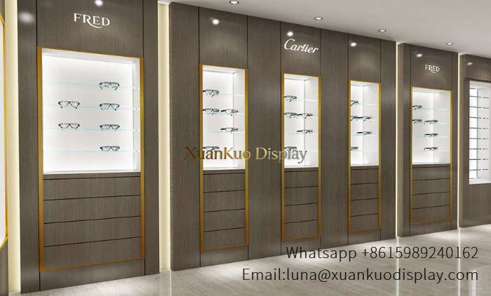 Eyewear Display Furniture Dark Wood Gold Trim Partition Wall Showcase For Luxury Multi-Brand Optical Shop