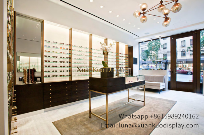 Optical Shop Furniture Dark Wood Gold Trim Full Eyewear Display Fixture For Luxury Optical Boutique