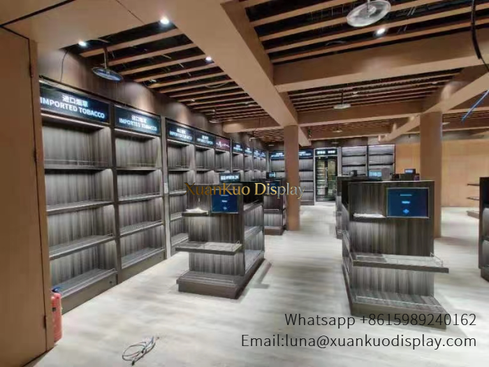 Perfume Showcase Counter Dark Wood Grain Wall & Central Island Fixture For Retail Fragrance Shop
