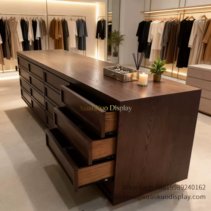 Wooden Clothing Shop Cabinet Dark Wood Grain Multi-Drawer Central Display Island For High-End Apparel Boutique