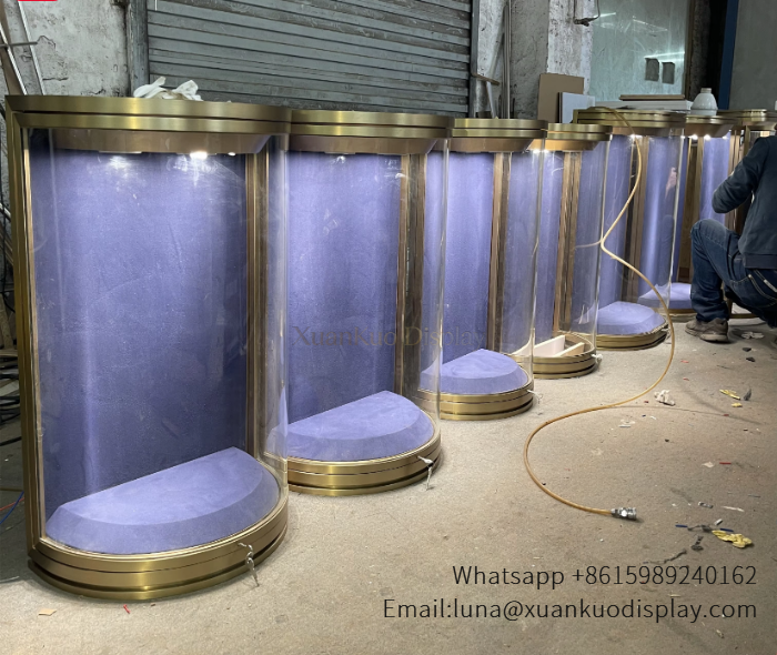 factory batch curved gold frame glass jewelry display case purple velvet lining wall mounted showcase