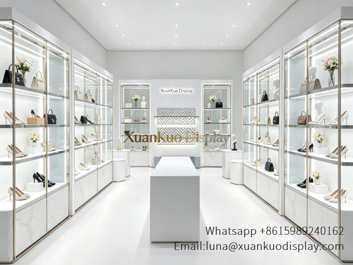 glass luxury bag showcase marble base led light handbag shoe boutique