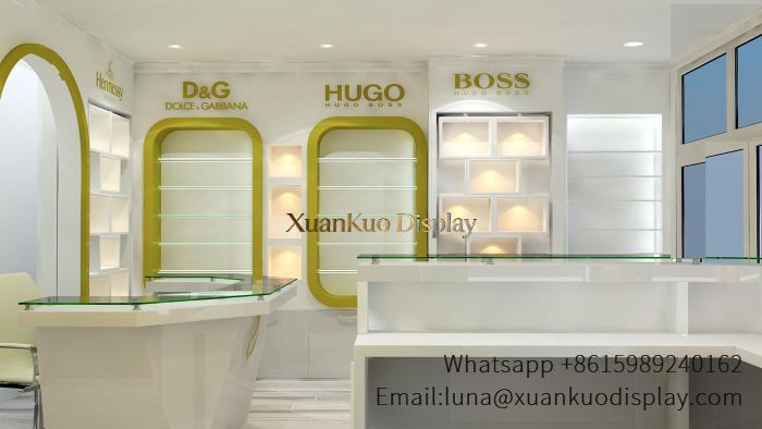 Glass Perfume Display Arched Wall Glass Shelf Fixture ForFragrance Retail Boutique glass perfume display wall with gold brand sign