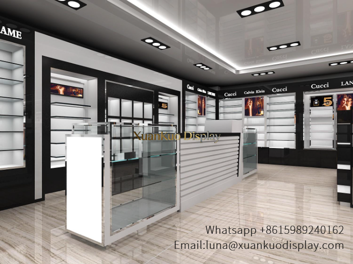 glass jewellery display cabinets gloss black custom skincare wall display shelves multi brand beauty store