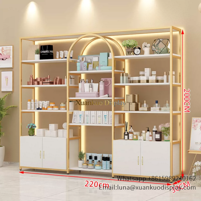 Beauty Salon Product Display Gold Arched LED Storage Shelf Fixture For Spa & Skincare Salon